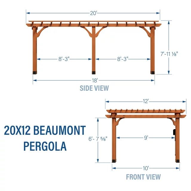 Diagram showing side and front views of a '20x12 Beaumont Pergola' with dimensions labeled.