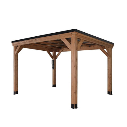 The Backyard Discovery 12' x 9.5' Arcadia Slope Roof Cedar Gazebo with PowerPort features a wooden structure with a sloped roof and four sturdy posts, set against a plain white background.