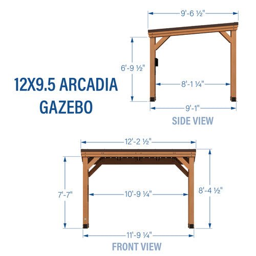 12x9.5 Arcadia Gazebo dimensions: front and side views with measurements
