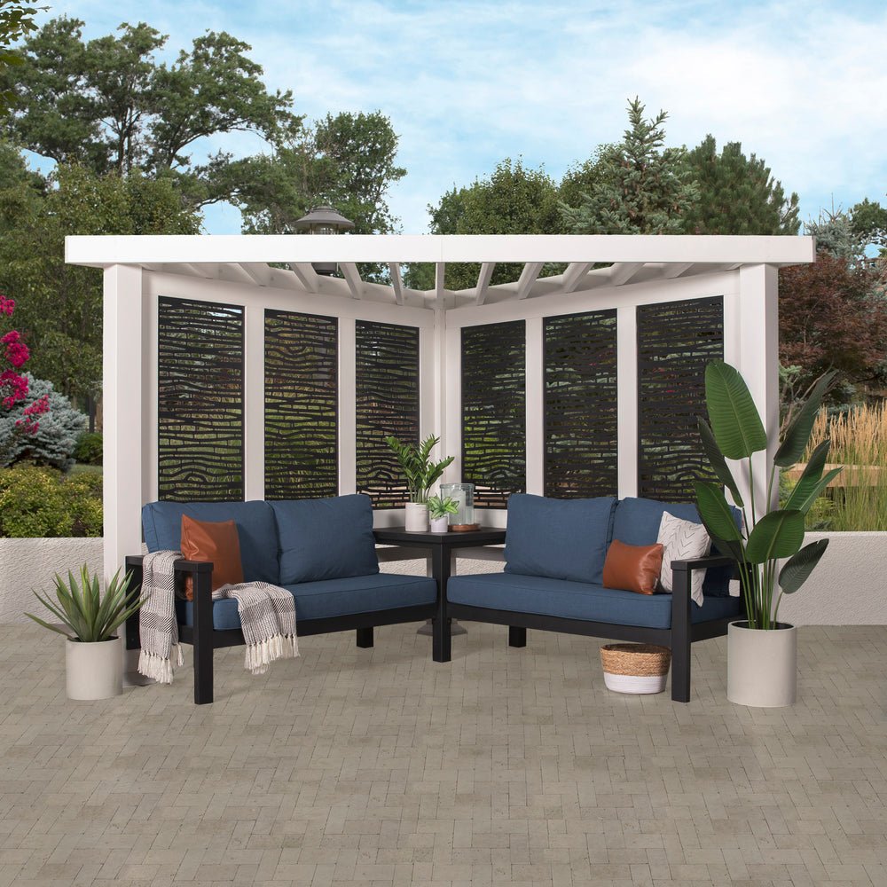 Outdoor pergola with blue cushions, table, and potted plants