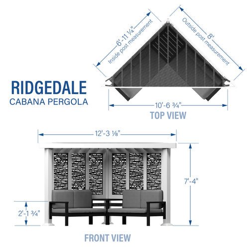 Ridgedale Cabana Pergola dimensions: top view 10'-6 3/4" x 8', front view 12'-3 3/8" x 7'-4