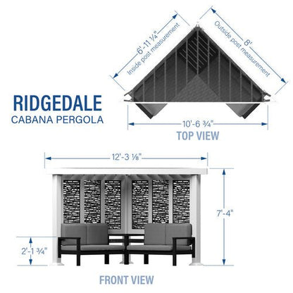Ridgedale Cabana Pergola dimensions: top view 10'-6 3/4" x 8', front view 12'-3 3/8" x 7'-4