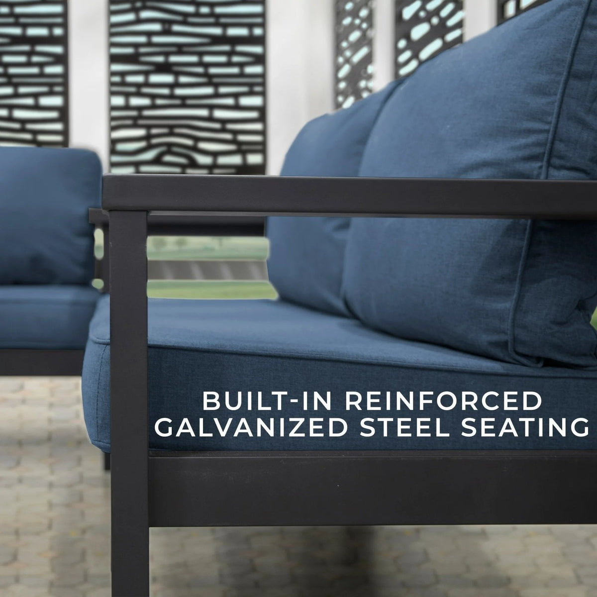 Close-up of blue outdoor sofa with reinforced galvanized steel seating