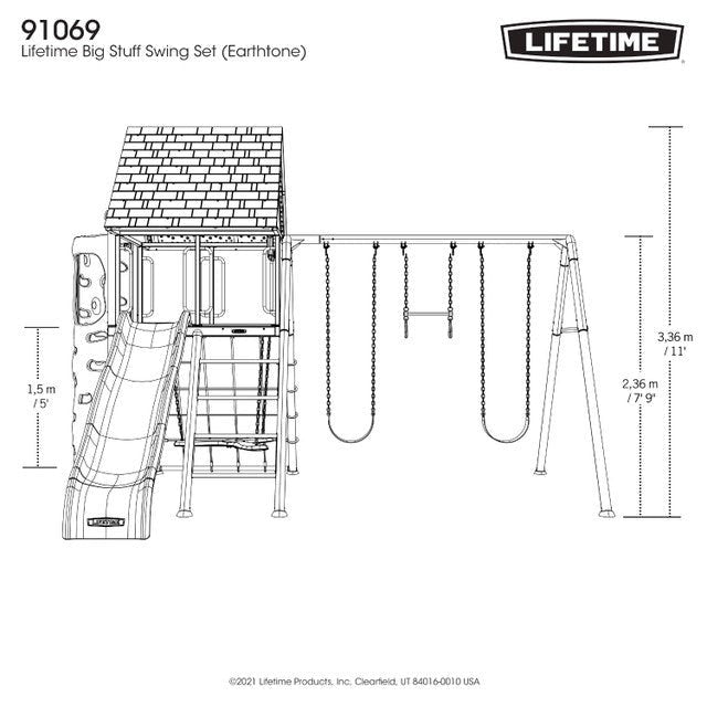 Line drawing of a Lifetime Big Stuff Swing Set with a slide, climbing wall, tower, swings, and labeled height dimensions.