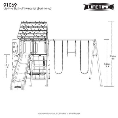 Line drawing of a Lifetime Big Stuff Swing Set with a slide, climbing wall, tower, swings, and labeled height dimensions.