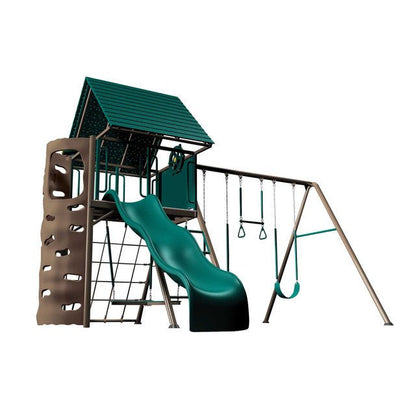 Green and brown playset features a slide, climbing wall, swings, and a small, covered platform.