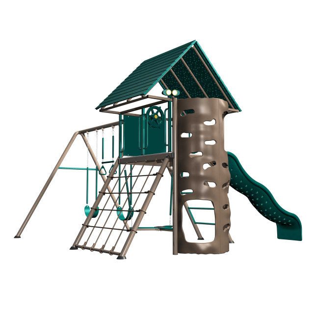 Outdoor playset features a green roofed tower, climbing wall, slide, swings, and rope ladder.