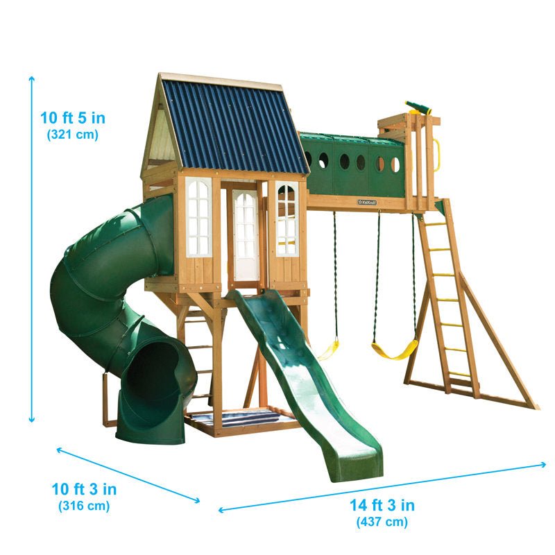 Wooden playset with a blue roof, green slide and tunnel, yellow swings, and a ladder.