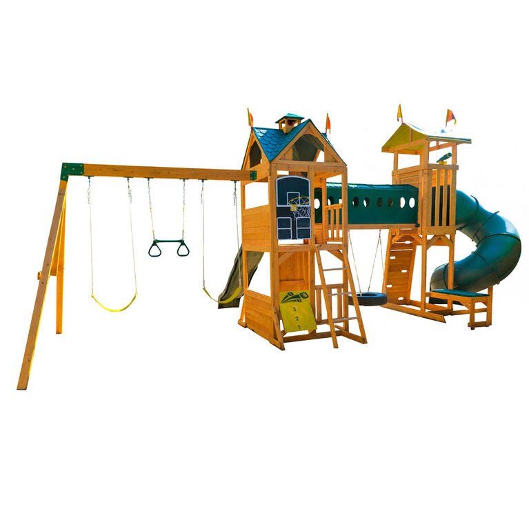 The KidKraft Mockingbird View Wooden Swing Set / Playset features two towers, a hoop, tunnel, tire swing, swings, trapeze bar, rope ladder, and climbing walls—all shown against a white background.