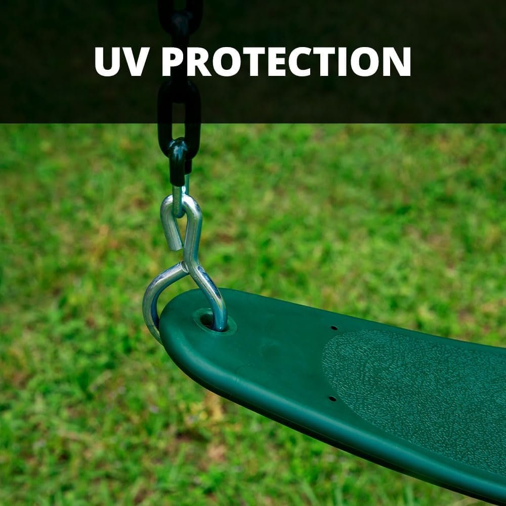 Close-up of a green swing seat with a textured surface, hanging from a chain with the text "UV PROTECTION" visible above.