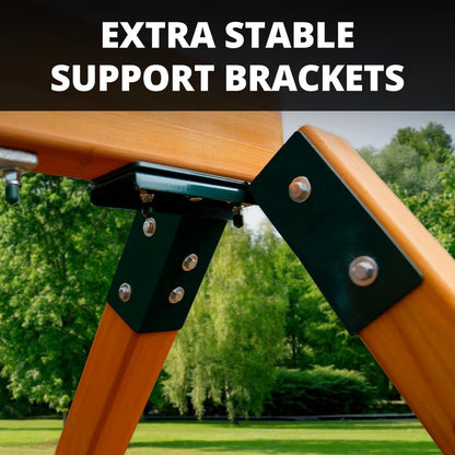 Close-up of green metal support brackets bolted to a wooden playset frame, with the text "EXTRA STABLE SUPPORT BRACKETS".