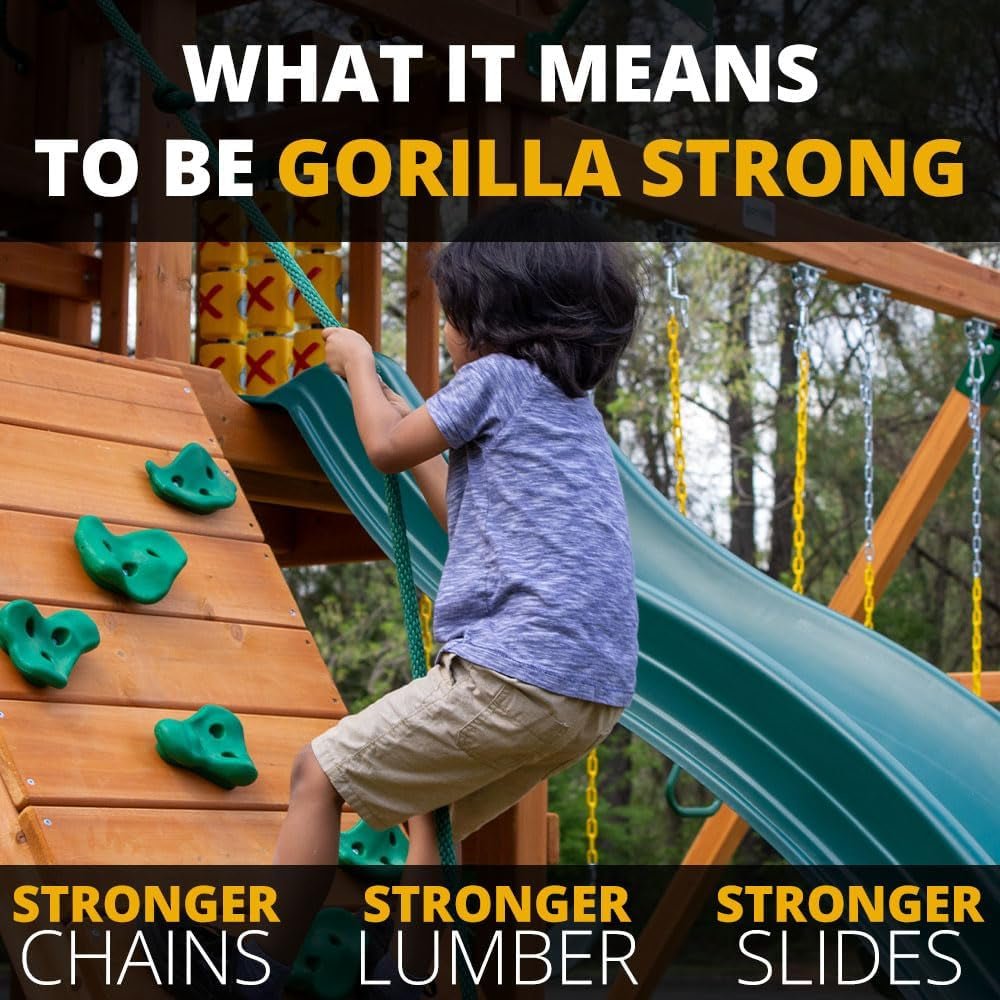 Child climbs a wooden playset with green climbing holds and a slide, under the text "WHAT IT MEANS TO BE GORILLA STRONG".