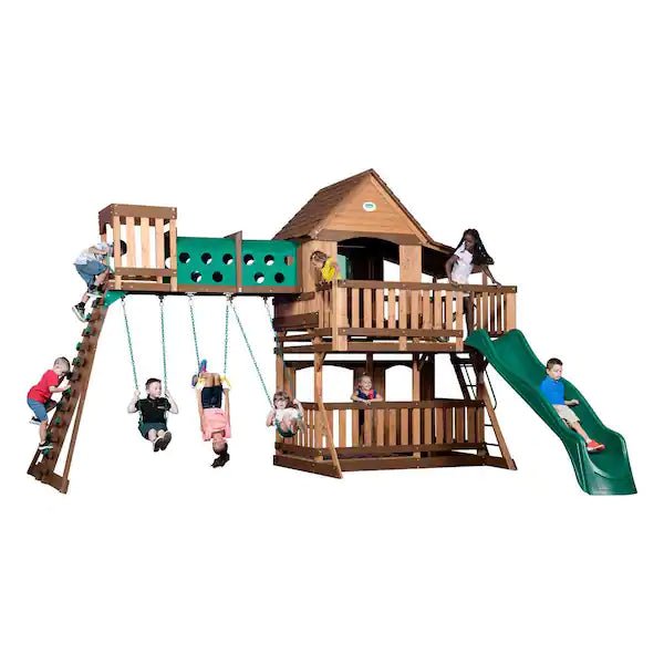 Several children are playing and having fun on the Backyard Discovery Woodridge Elite Swing Set, which features a slide, swings, climbing wall, and clubhouse.