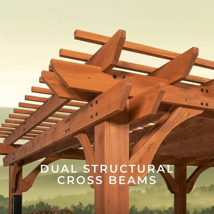 Wooden pergola features dual structural cross beams attached with black bolts against a blurred forest background.