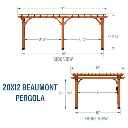 Diagram showing side and front views of a '20x12 Beaumont Pergola' with dimensions labeled.